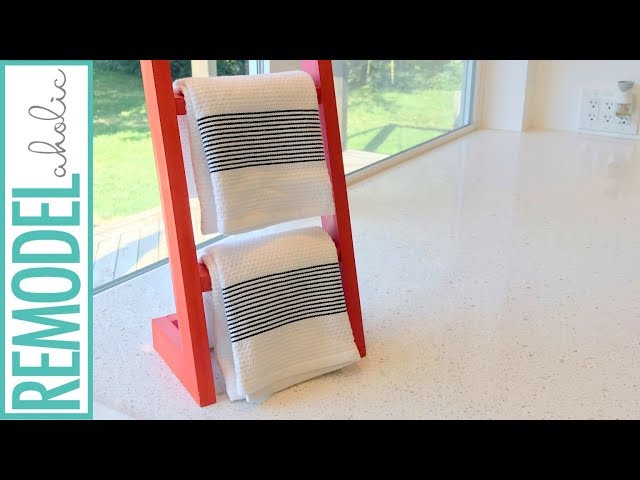Build this easy countertop ladder (think mini freestanding blanket ladder) to hold hand towels by the sink, or utensils and spices near the stove
