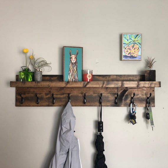 Key and Coat Rack | The Ed | Entryway Organizer Towel Rack Key Hooks Wall Mounted Catch All Leash Mask Holder Rustic Modern With Shelf by DistressedMeNot