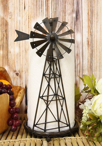 Ebros 14.5"Tall Rustic Country Farm Agricultural Windmill Outpost Paper Towel Holder Display Dispenser Stand Made Of Handcrafted Metal Western Kitchen Bathroom Home Decor In Aged Bronze Finish