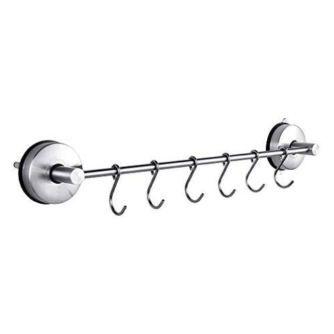 JOMOLA 17 inch Suction Cup Kitchen Rail with 6 Utensil Sliding Hooks Drill Free Hanging Utensil Holder Rack Towel Bar Organizer for Bathroom Shower Stainless Steel Brushed Finish