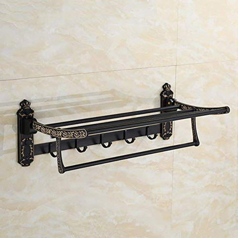 LGSYSYP Bathroom accessories/double folding belt hook wall mounted towel rack towel towel storage rack rack aluminum alloy black belt gold black towel rack European style interior decoration pendan