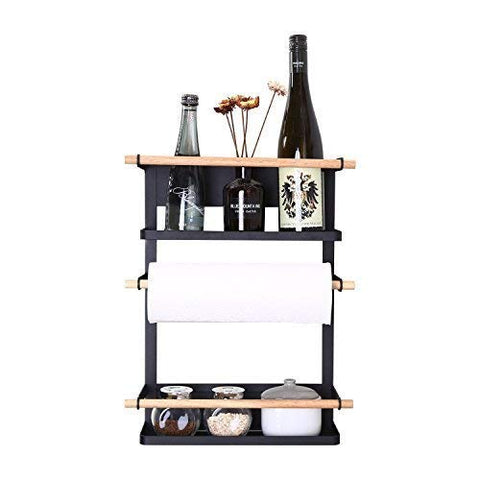 Kitchen Rack - Magnetic Fridge Organizer - 18x12.7x5 INCH - Paper Towel Holder, Rustproof Spice Jars Rack, Heavy-duty Refrigerator Shelf Storage Including 6 Removable Hooks (BLACK) - 2019 New Design