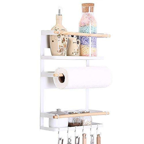 Kitchen Rack - Magnetic Fridge Organizer - 18x12.7x5 INCH - Paper Towel Holder, Rustproof Spice Jars Rack, Heavy-duty Refrigerator Shelf Storage Including 6 Removable Hooks (WHITE) - 2019 New Design