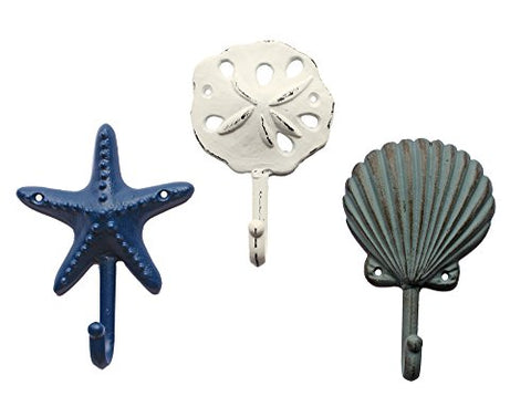 Sea Treasures Wall Hooks - Set of 3 - Antique Weathered Hangers for Coats, Aprons, Hats, Towels, Pot Holders - Scallop, Sand Dollar, Sea Star / Starfish