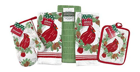Holiday Winter Christmas Kitchen Towels Pot Holders Set: Red Cardinal Bird Sitting in Green Wreath with Pinecones (Cardinals)