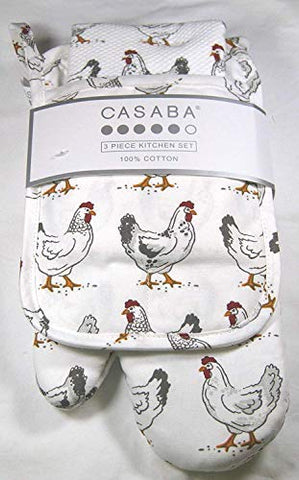 Casaba 3 Piece Kitchen Set- Kitchen Towel, Oven Mitt and Pot Holder Chickens