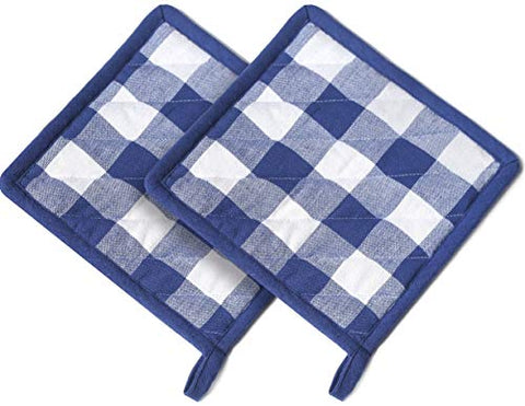 Cotton Clinic Gingham Buffalo Check 100% Cotton Pot Holders, Heat Resistant and Machine Washable, Kitchen Hot Pad Set of 2, Navy White