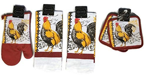 HomeConcept Farm Rooster Designer Kitchen linen Bundle Oven Mitt (1) Towels (2) Pot Holders (2)