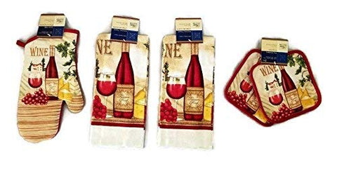 Home Collection Wine & Cheese Lovers Kitchen Linen Set (#2018) (Includes: one oven mitt, two towels, and two pot holders)