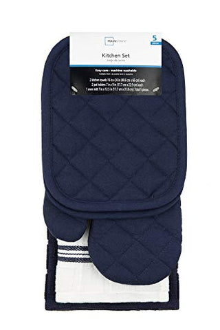 5 Piece Kitchen Towels Set 2 Towels, 1 Oven Mitt and 2 Pot Holders Navy