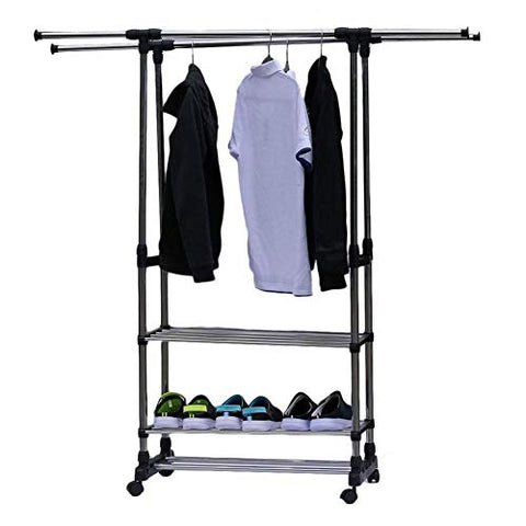 Rainrain27 Dual Bars Horizontal & Vertical Telescope Style 3 Tiers Stainless Steel Clothing Garment Shoe Rack