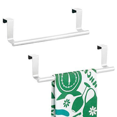 mDesign Decorative Metal Kitchen Over Cabinet Towel Bar - Hang on Inside or Outside of Doors, Storage and Display Rack for Hand, Dish, and Tea Towels - 9" Wide, 2 Pack - Matte White