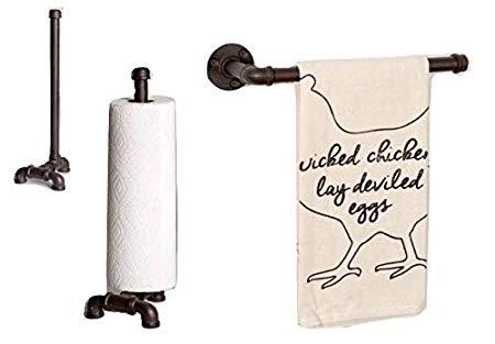 Rustic LDR Iron Pipe Countertop Paper Towel Holder and Matching Iron Pipe Wall Mount Towel Holder, 2pcs - Be Ready Deals
