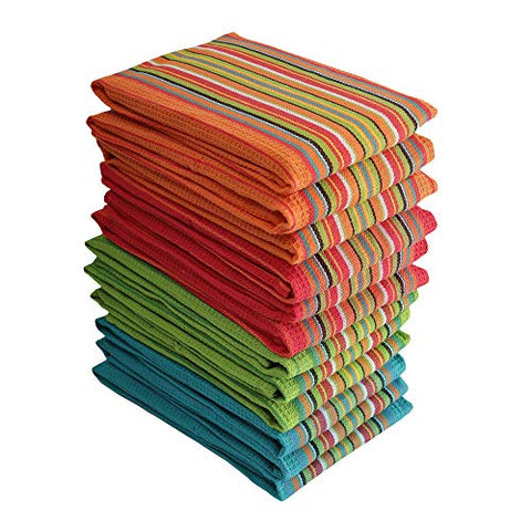 Kitchen Dish Towels, 100% Natural Cottton Kitchen Towels with Waffle Design (Size 16x28 Inches) for Kitchen Décor, Super Absorbent, Multi Color, 12-Pack