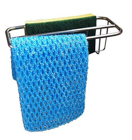 2-in-1 Kitchen Sink Caddy | Sponge + Dish Cloth Hanger Combo | Stainless Steel Kitchen Sink Organizer Holder | No Suction Dishcloth Storage for Swedish Cloths | Uses Strong Detachable 3M Tape