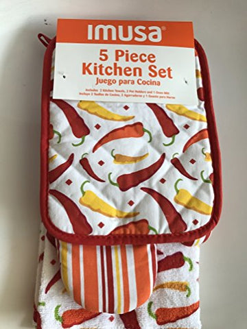 IMUSA 5 Piece Kitchen Towels Set Oven Mitt and Pot Holders Red Chili Peppers