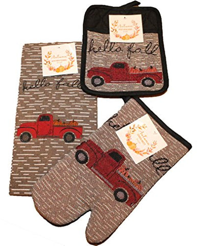 Twisted Anchor Trading Co 3 Pc Vintage Truck Fall Autumn Kitchen Towel Set - Includes Pot Holder, Fall Kitchen Towel, and Oven Mitt
