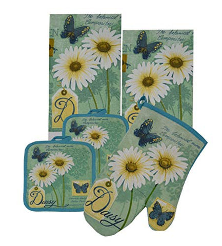 GinsonWare 5 Pieces Kitchen Linen Set. (Oven Mitt, Kitchen Towels and Pot Holders) (Daisy)