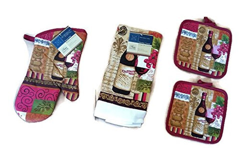 Kitchen Linen Set One Oven Mitt One Towel and Two Pot Holders (Wine Design)