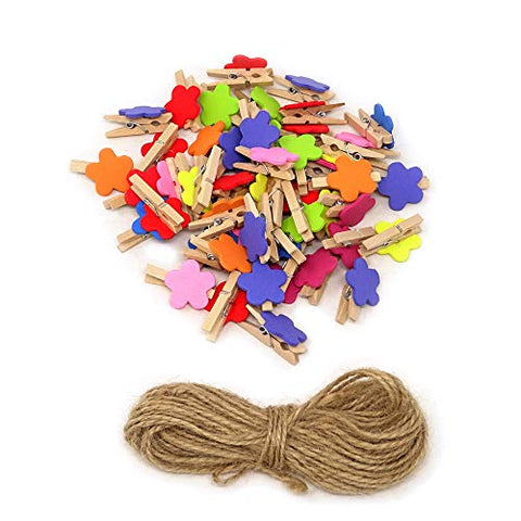 YUETON 50 Pieces 30mm Wooden Clips Mini Colored Natural Wooden Clothespins Photo Paper Peg Pin Craft Clips with 32 Feet Jute Twine