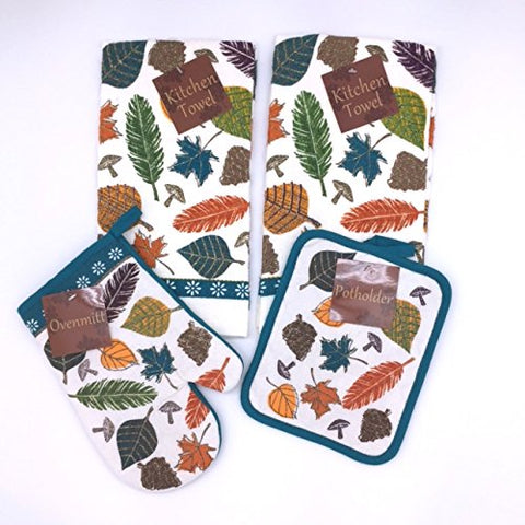 Teal White Colorful Leaves Kitchen Dish Towels and Pot Holders Set, 4 Pc.
