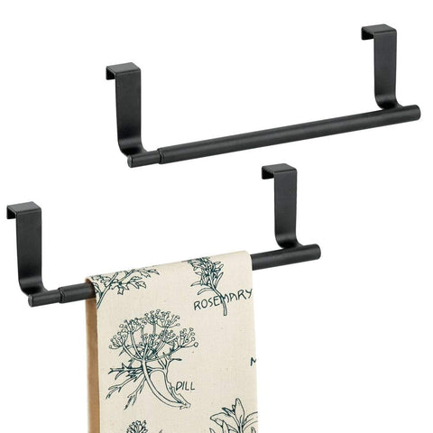 mDesign Adjustable, Expandable Kitchen Over Cabinet Towel Bar Rack - Hang on Inside or Outside of Doors, Storage for Hand, Dish, Tea Towels - 9.25" to 17" Wide, 2 Pack - Matte Black