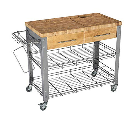 Chris & Chris Rolling Kitchen Island - Food Prep Table - Durable Cutting Surface, Juice Groove and Collection Pan - 2 Storage Drawers , Condiment Rack and 2 Wire Shelves, Natural