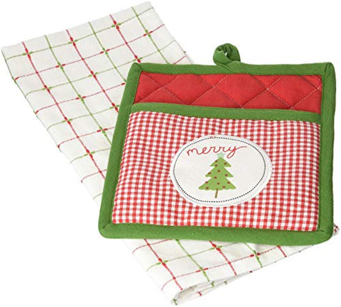DII Cotton Christmas Holiday Dish Towel and Pot Holder Gift Set, Perfect for Kitchen Cooking and Baking-Merry Xmas Tree