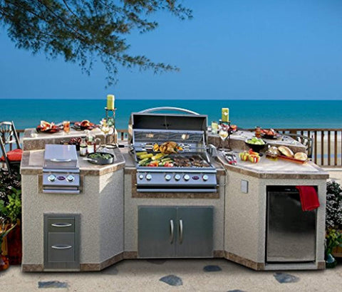 Cal Flame 3 Piece Outdoor Kitchen Island e3100 Island with 4-Burner Built in Grill, 30" Double Access Stainless Steel Door, Refrigerator with Two Tone Tile and Ameristucco Base with Lights