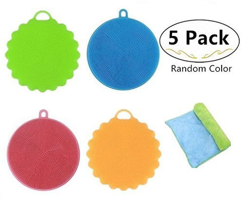 4 Packs Antibacterial Silicone Dishwashing Scrubbers and 1 Cleaning Cloth for Bonus, Carnatory Dish Towel Scrubber, Fruit and Vegetable Washer Heat Insulation Pads for Kitchen Wash Pot Pan Dish Bowl