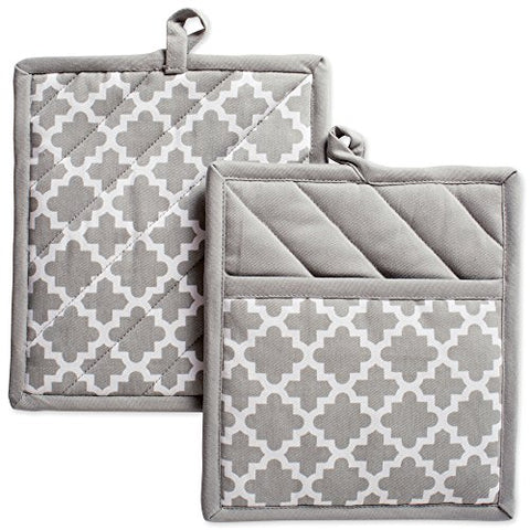 DII Cotton Lattice Pot Holders, 9 x 8" Set of 2, Machine Washable and Heat Resistant Hot Pad for Everyday Kitchen Cooking & Baking-Gray