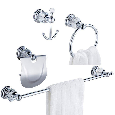 WOLIBEER Silver Bathroom Accessory Set of 4 Pieces - Towel Hook Towel Rail Towel Holder Roll Tissue Holder, Wall Mounted Zinc Alloy Construction with Crystal Chrome Finished