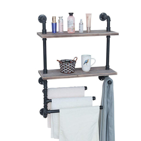 Industrial Towel Rack With 3 Towel Bar,24in Rustic Bathroom Shelves Wall Mounted,2 Tiered Farmhouse Black Pipe Shelving Wood Shelf,Metal Floating Shelves Towel Holder,Iron Distressed Shelf Over Toilet
