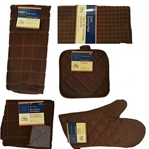 Home Collection Brown Kitchen Linens Bundle of 8 Items - Kitchen Towel, Pot Holders, Microfiber Scrubbers, Dish Drying Mat & Oven Mitts