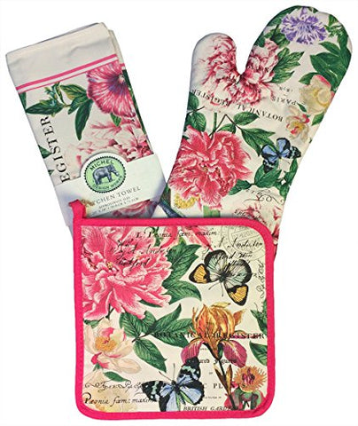 Michel Design Works Tea Towel, Oven Mitt, Pot Holder Set (Peony)