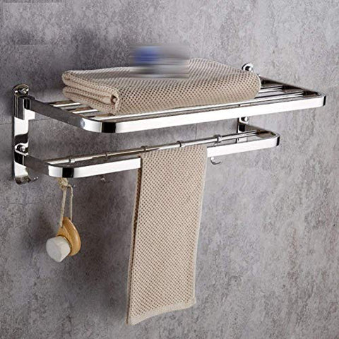 LGSYSYP Bathroom accessories/towel towel rack storage rack double folding belt hook wall mounted towel rack stainless steel mirror silver towel rack European pendant decoration indoor bath towel /