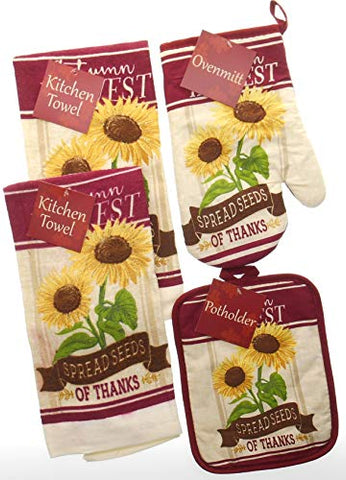 Harvest Spread Seeds of Thanks Fall Kitchen Towel Set. Sunflowers and Glitter. Bundle of 4 Includes 2 Towels, 1 Oven Mitt and 1 Pot Holder .Fall Kitchen Towels Set.