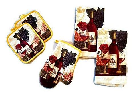 Wine Bottle Glass Linen 5 Piece Bundle Package Oven Mitt (1) Pot Holders (2) Kitchen Towels (2) (#4525)