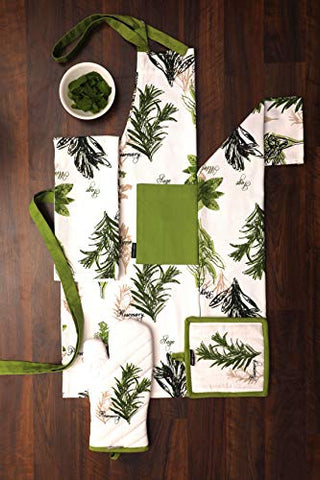 Amour Infini Set of Apron, Oven Mitt, Pot Holder, Pair of Kitchen Towels in a Unique Herb Garden Design, 100% Cotton, Kitchen Linen Set