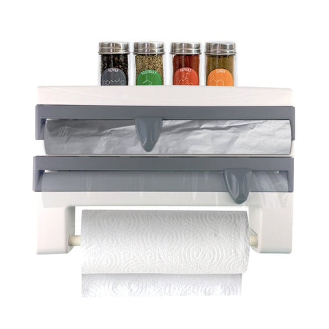 Kitchen Multi Dispenser | Multifunctional 4 in 1 Wall Mounted Organizer for Regular Size / Standard Plastic Wrap Aluminum Foil Paper Towel Roll Holder and Spice Rack | Screws Included | 1250.2