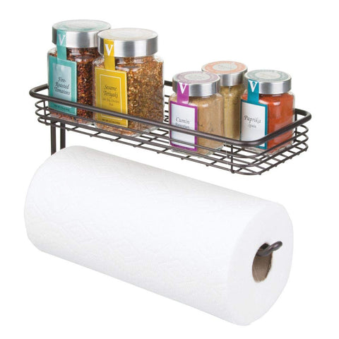 mDesign Paper Towel Holder with Spice Rack and Multi-Purpose Shelf - Wall Mount Storage Organizer for Kitchen, Pantry, Laundry, Garage - Durable Metal Wire Design - Bronze