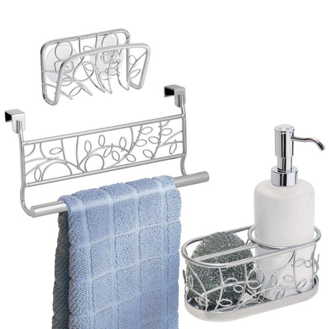 mDesign Decorative Metal Kitchen Sink, Countertop Combo - Includes Dish Soap Pump with Scrubber Caddy, In-Sink Suction Soap/Sponge Holder, Over Cabinet Door Towel Bar - Vines, Set of 3 - Silver/White