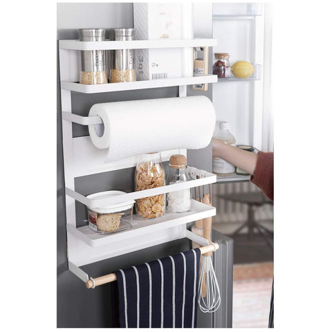 Kitchen Rack - Magnetic Fridge Organizer - 18.1x11.8x4.4 INCH - Paper Towel Holder, Rustproof Spice Jars Rack, Plastic Wrap holder, Refrigerator Shelf Storage Including 5 Removable Hook- 201 (White)