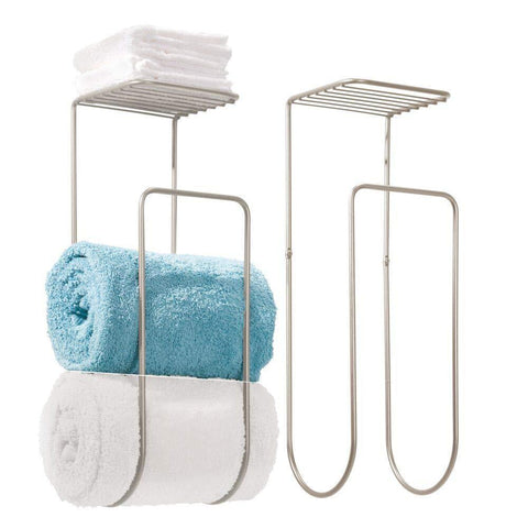 mDesign Modern Metal Wall Mount Towel Rack Holder and Organizer with Storage Shelf for Bathroom Organizing of Washcloths, Hand/Face or Bath Towels, Beach Towels - 2 Pack - Satin
