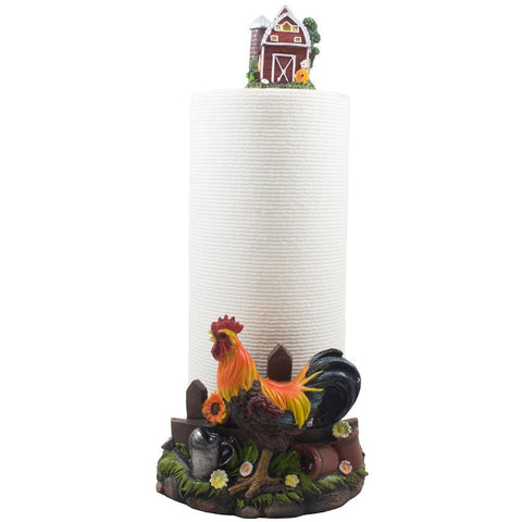 Decorative Farm Rooster Paper Towel Holder with Barn in Rustic Country Kitchen Decor Accessories As Gifts for Farmers