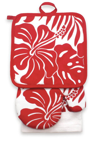 3 Pc Kitchen Towel Set - Red Floral