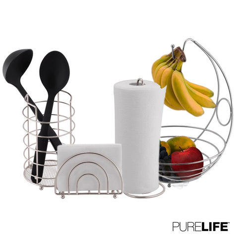 Kitchen Set 4pc | Fruit Basket/Banana Holder, Utensil Holder, Napkin Holder & Paper Towel Dispenser - Double Coated Chrome Finish Modern Collection for Countertop Table Decor | Heat Resistant Tool