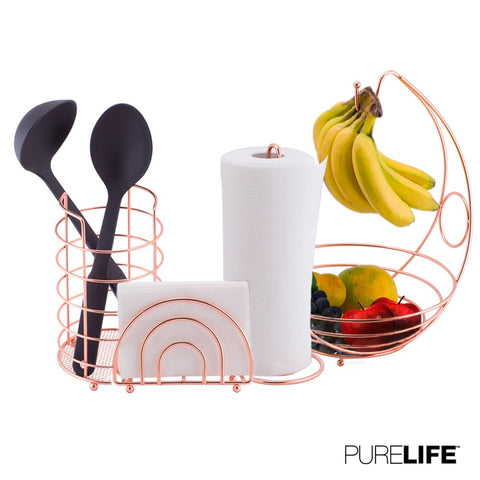 Kitchen Set 4pc | Fruit Basket/Banana Holder, Utensil Holder, Napkin Holder & Paper Towel Dispenser - Double Coated Copper Finish Modern Collection for Countertop Table Decor | Heat Resistant Tool