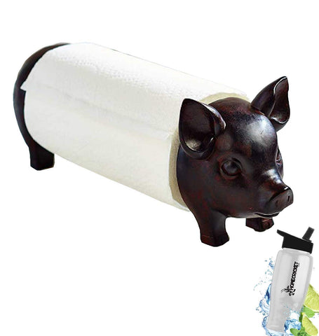 Gift Included- Decorative Farmhouse Kitchen Countertop Pig Paper Towel Holder + FREE Bonus Water Bottle by Homecricket