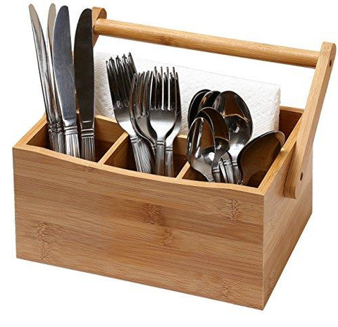 Bamboo 4 Compartment Caddy for Utensils and Napkins with Handle by YBM Home